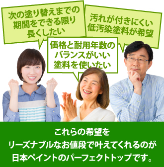 次の塗り替えまでの期間を長くしたい・低汚染塗料が希望などをリーズナブルなお値段で叶えてくれます