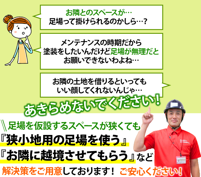 足場仮設のスペースがなくても狭小地用足場や隣地への越境など解決策をご用意しております