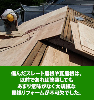 傷んだスレート屋根や瓦屋根は、以前であれば塗装してもあまり意味がなく大規模な屋根リフォームが不可欠でした