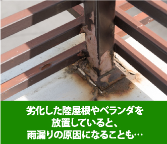 劣化した陸屋根やベランダを放置していると雨漏りの原因になることも
