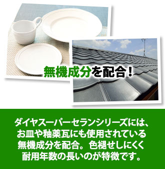 ダイヤスーパーセランシリーズにはお皿や釉薬瓦にも使用されている無機成分を配合。色あせしにくく耐用年数が長いのが特徴です