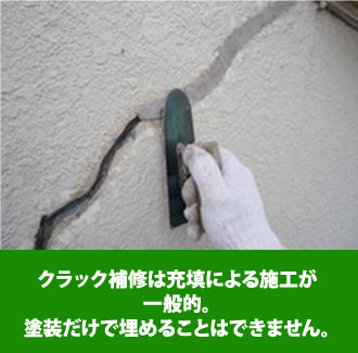 クラック補修は充填による施工が一般的。塗装だけで埋めることはできません