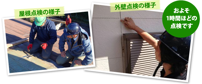 屋根点検と外壁点検の様子 およそ1時間ほどの点検です